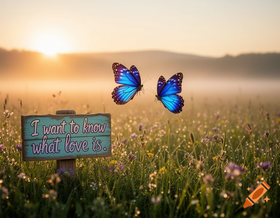 A wooden sign in a dew-covered field at sunrise with two blue butterflies. The sign reads 'I want to know what love is'.