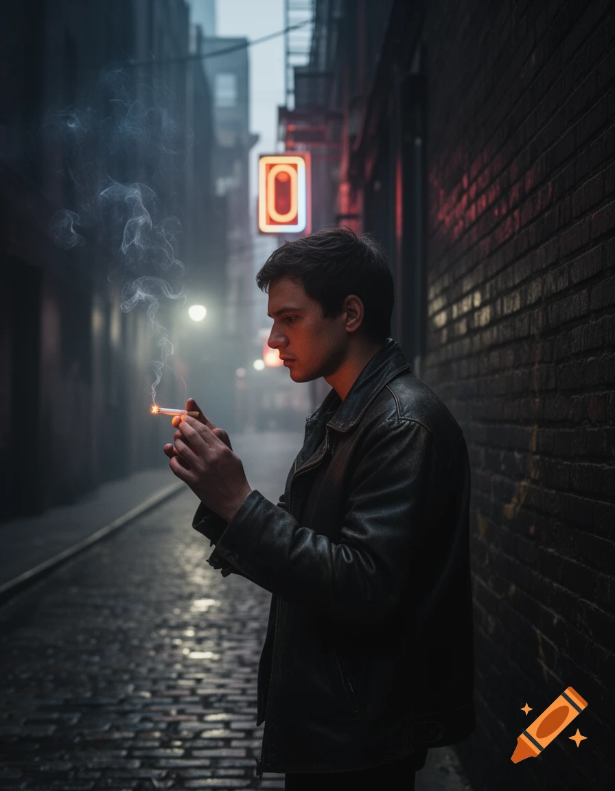 A man in a leather jacket lights a cigarette in a dark, wet city alley with glowing neon signs.