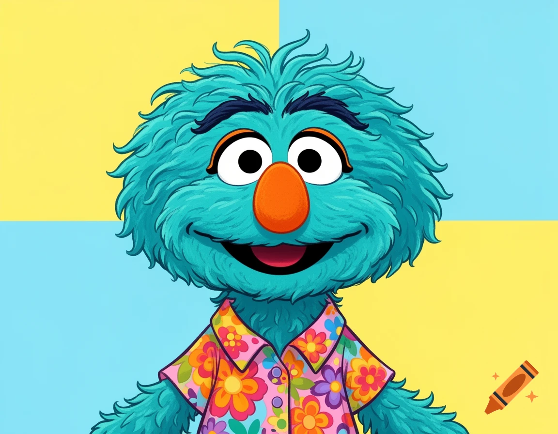 A teal furry monster character with an orange nose and big eyes, wearing a pink floral Hawaiian shirt against a light blue and yellow checkerboard background.