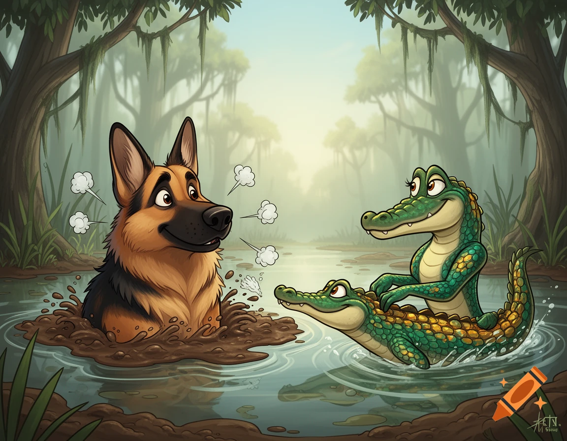 A cartoon German Shepherd dog stuck in a mud bog in a swamp, exhaling steam, as two anthropomorphic alligators swim playfully beside it.