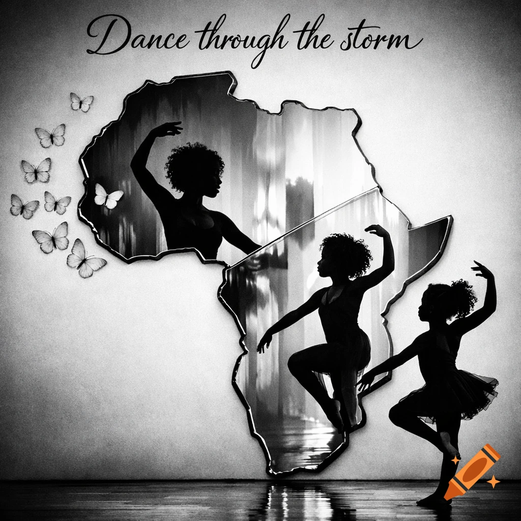 Black and white art of dancing silhouettes, an African woman and girl by an Africa-shaped mirror with butterflies, and text 'Dance through the storm'.