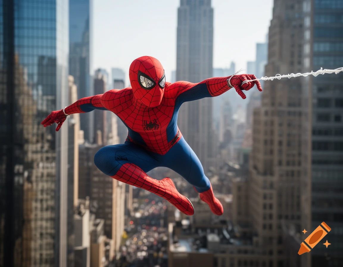 Spider-Man swings through a bustling city, with skyscrapers blurring in the background. Photorealistic style.