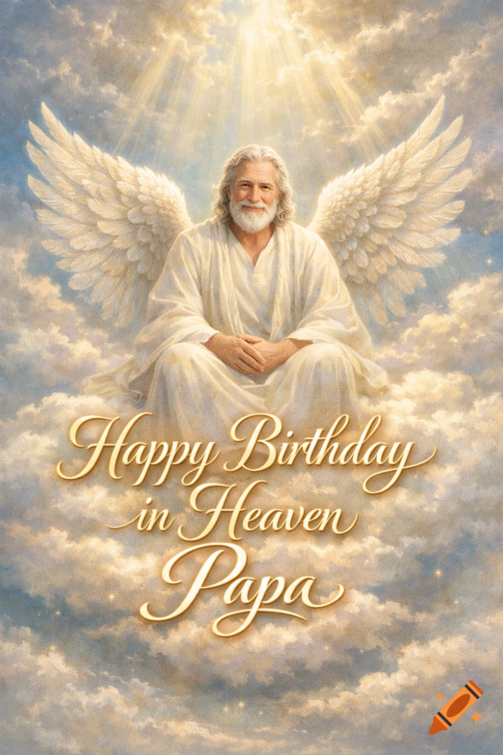 An angelic man with white hair and beard, wearing white robes and large feathered wings, sits on a cloud in a bright, ethereal sky. Golden text reads "Happy Birthday in Heaven Papa."