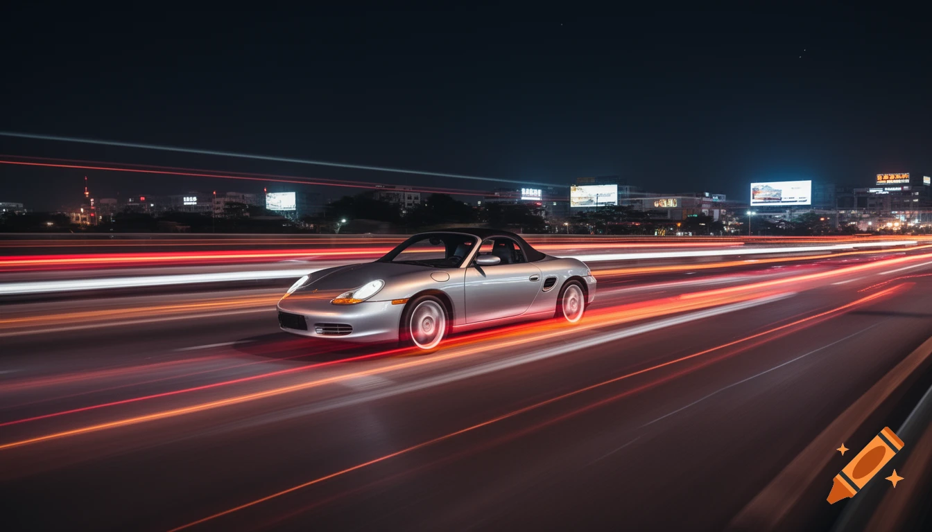 A silver Porsche 986 Boxster drives on a highway at night, with long exposure light trails from traffic.