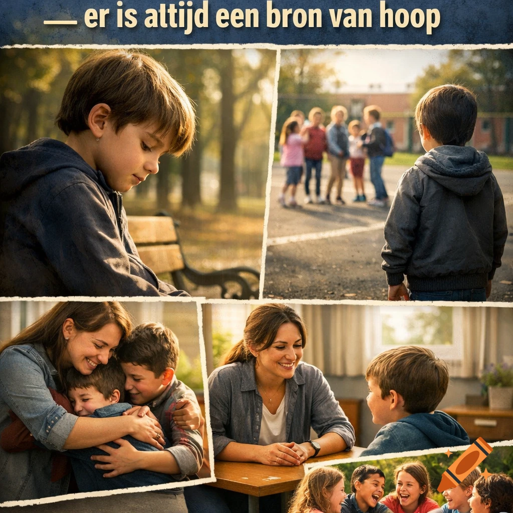 Multi-panel collage poster about loneliness and hope, showing a boy alone, a woman comforting children, and children laughing, with Dutch text '— er is altijd een bron van hoop' (there is always a source of hope).