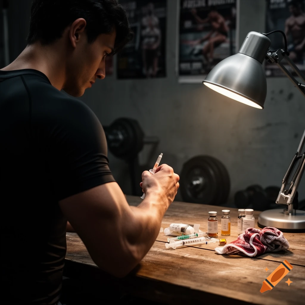 A muscular man sitting at a wooden table, preparing a syringe under a desk lamp, with gym equipment in the background.