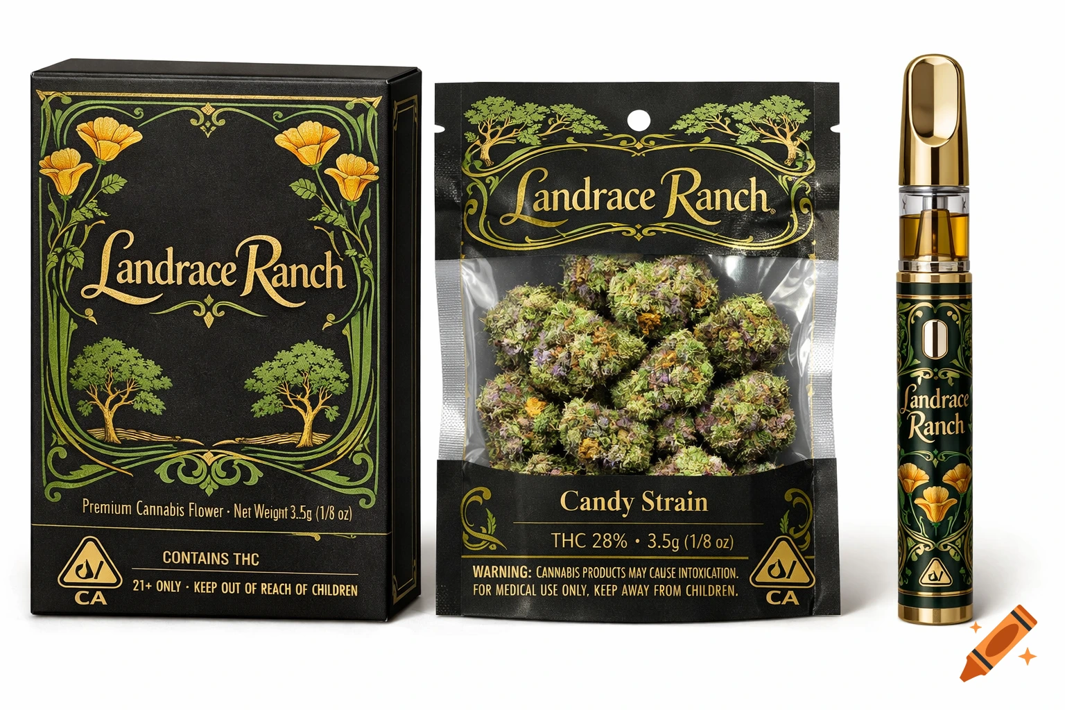 A collection of cannabis products in Art Nouveau packaging, including a box, a clear bag of flower, and a vape pen, all branded with poppies and oak trees on a dark green and gold design.