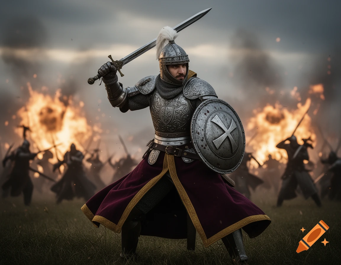 A knight in ornate armor holds a sword aloft and a shield, standing in a fiery battlefield with blurred figures fighting in the background under a cloudy sky.