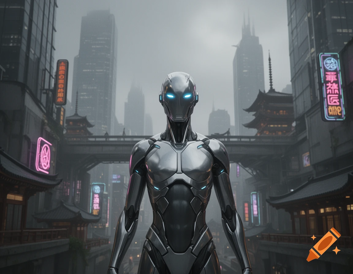 A silver robot with glowing blue eyes stands in a misty futuristic city ...