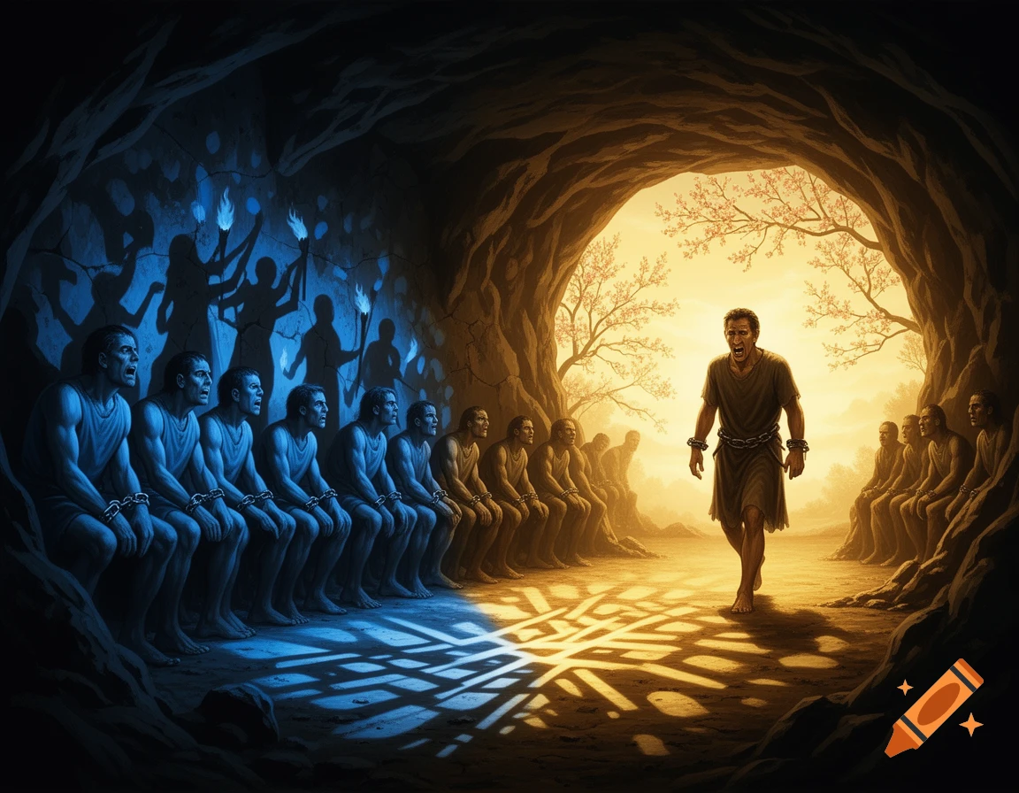 An illustrative image of men chained in a dark cave, lit by blue light, observing shadows on the wall. A single man, breaking free from his chains, walks towards a bright golden light and a world of trees outside the cave entrance.
