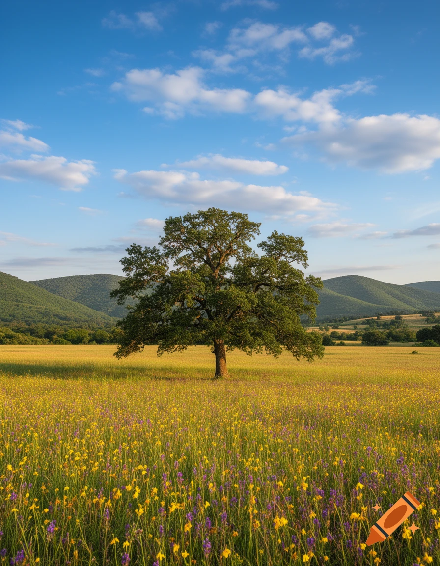 A vibrant field of yellow and purple wildflowers, with a large solitary tree in the center, and rolling green hills under a blue sky with white clouds.