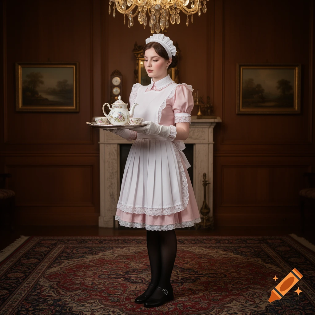 A woman in a pink and white maid uniform with a frilly apron and cap holds a silver tray with a floral teapot and cups in a luxurious, wood-paneled room with a chandelier and paintings.