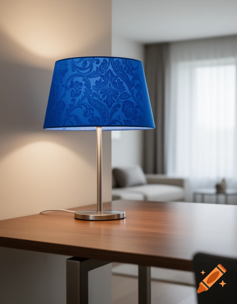 A blue lampshade with a subtle pattern on a wooden table, illuminated in a softly lit room with a blurred background.