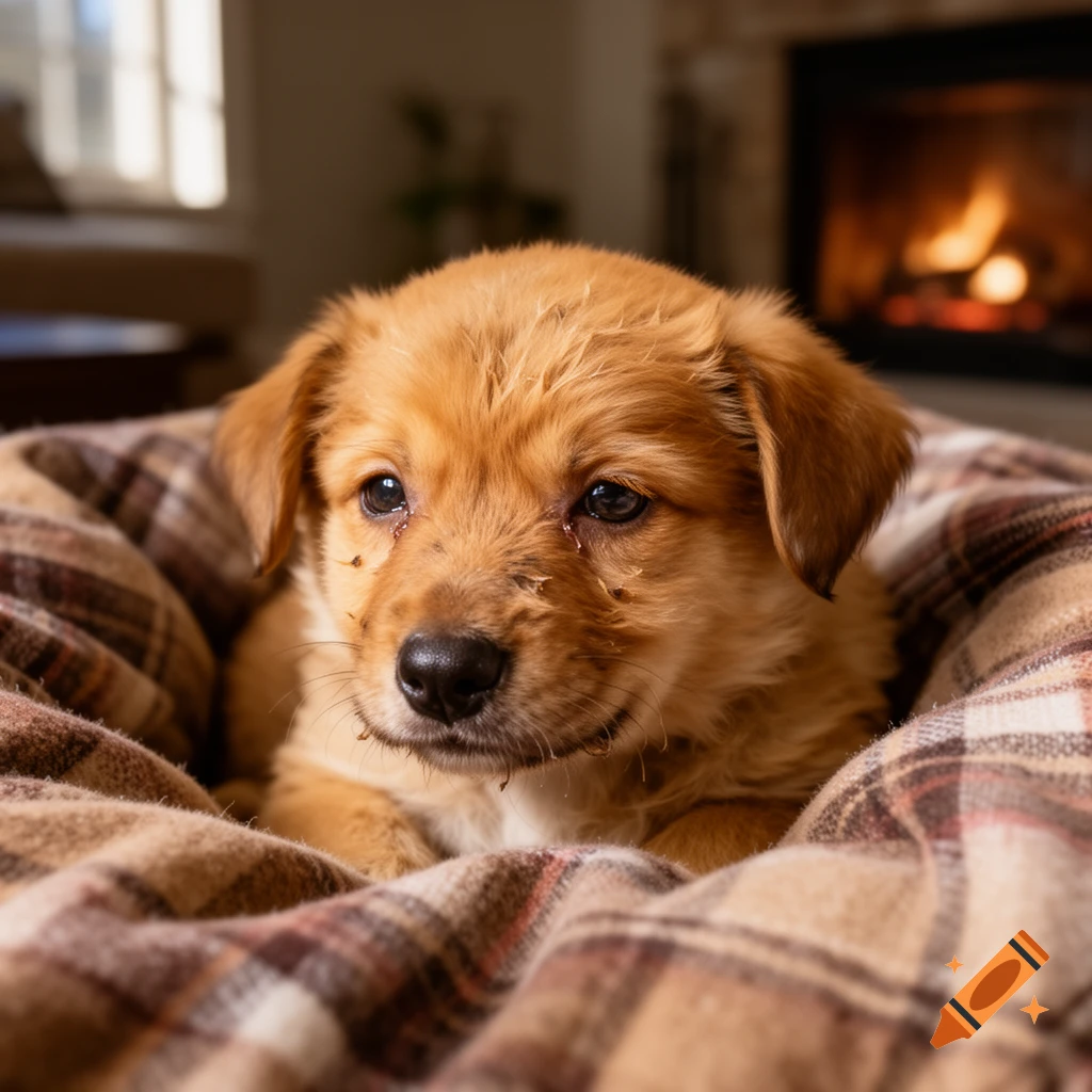 A sad-looking fluffy light brown puppy with dirt on its face, nestled in a plaid blanket by a fireplace.