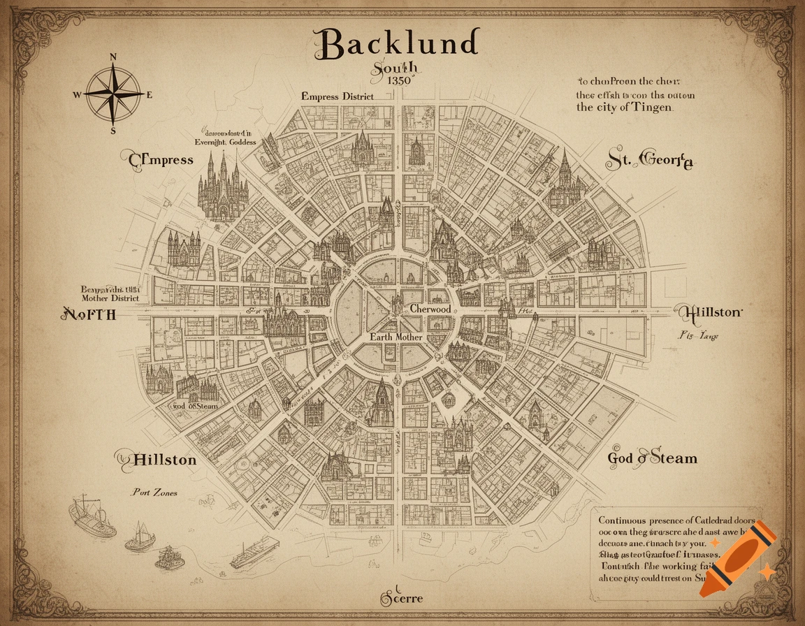An old-world style fantasy map of the city of Backlund, featuring ...