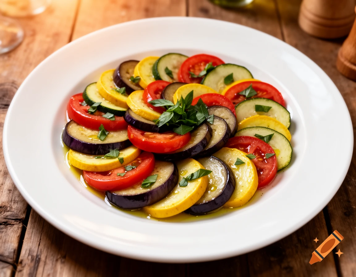A white plate holds thinly sliced tomatoes, zucchini, and eggplant arranged in a spiral, garnished with basil, on a wooden table.