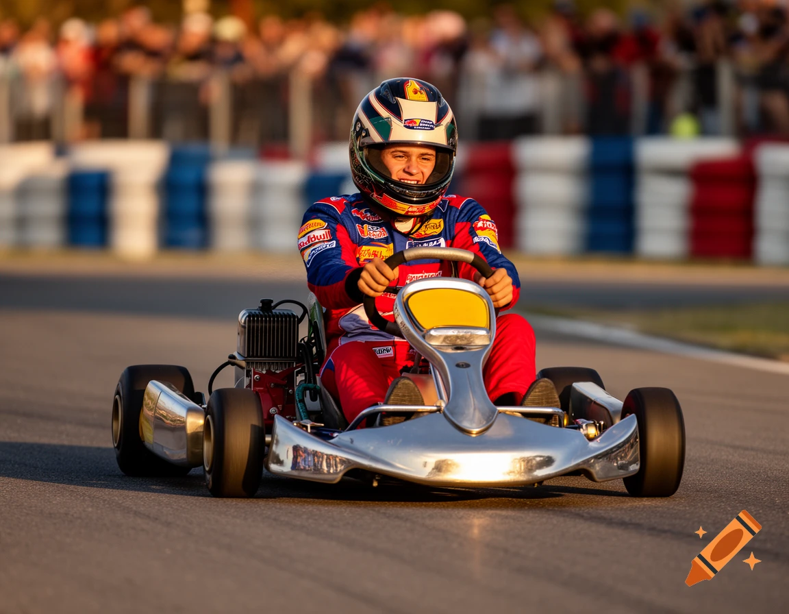 A smiling go-kart driver in a red and blue racing suit and helmet on a track.