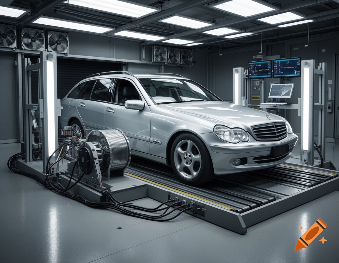 A silver Mercedes-Benz station wagon on a dynamometer in a well-lit automotive testing facility with monitors showing data.