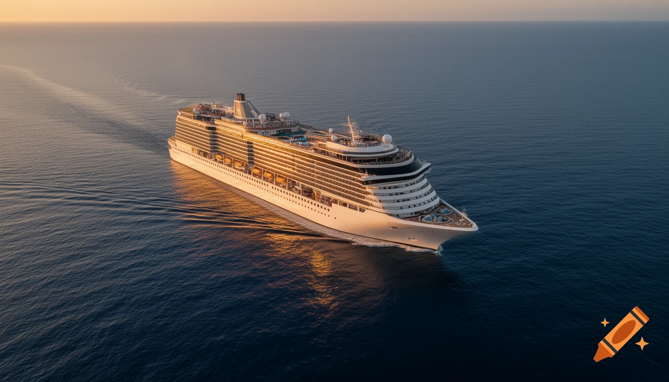 A massive cruise ship sails on a deep blue ocean during golden hour, with warm reflections on the water. Photorealistic drone shot.