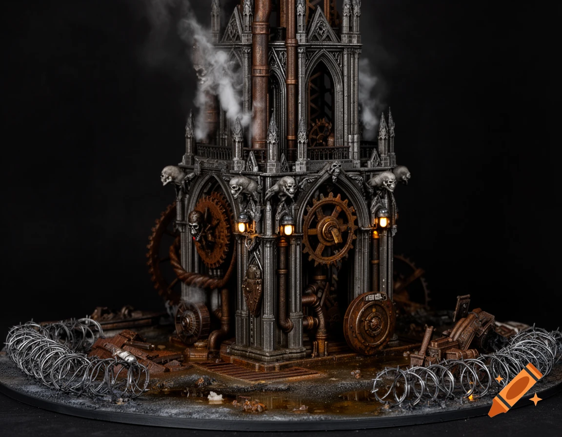 Detailed miniature model of a dark gothic industrial structure with skulls, gears, pipes, and barbed wire, emitting smoke.