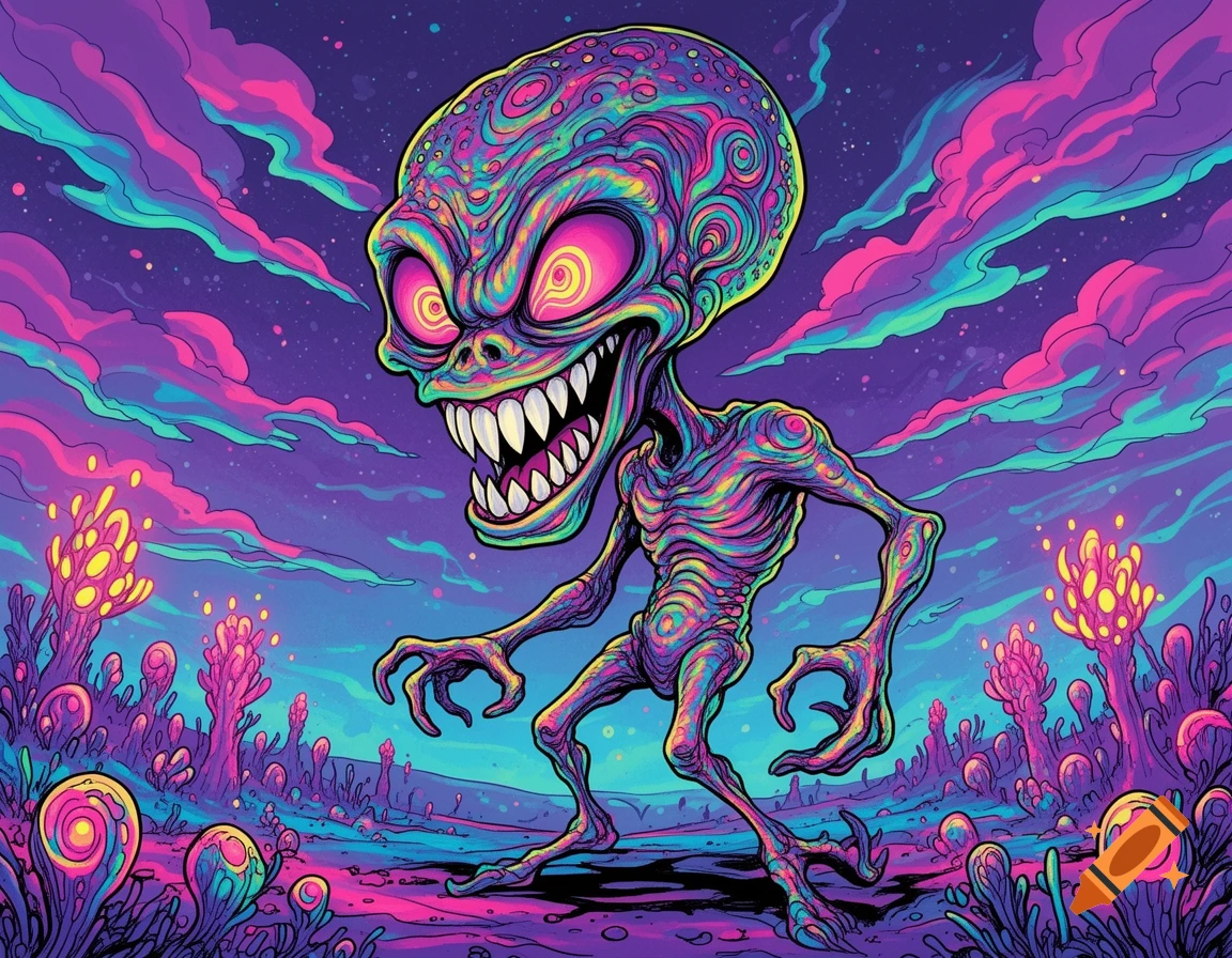 A vibrant, cartoonish, psychedelic alien with a large jaw and sharp teeth in an alien landscape with glowing plants and colorful clouds.