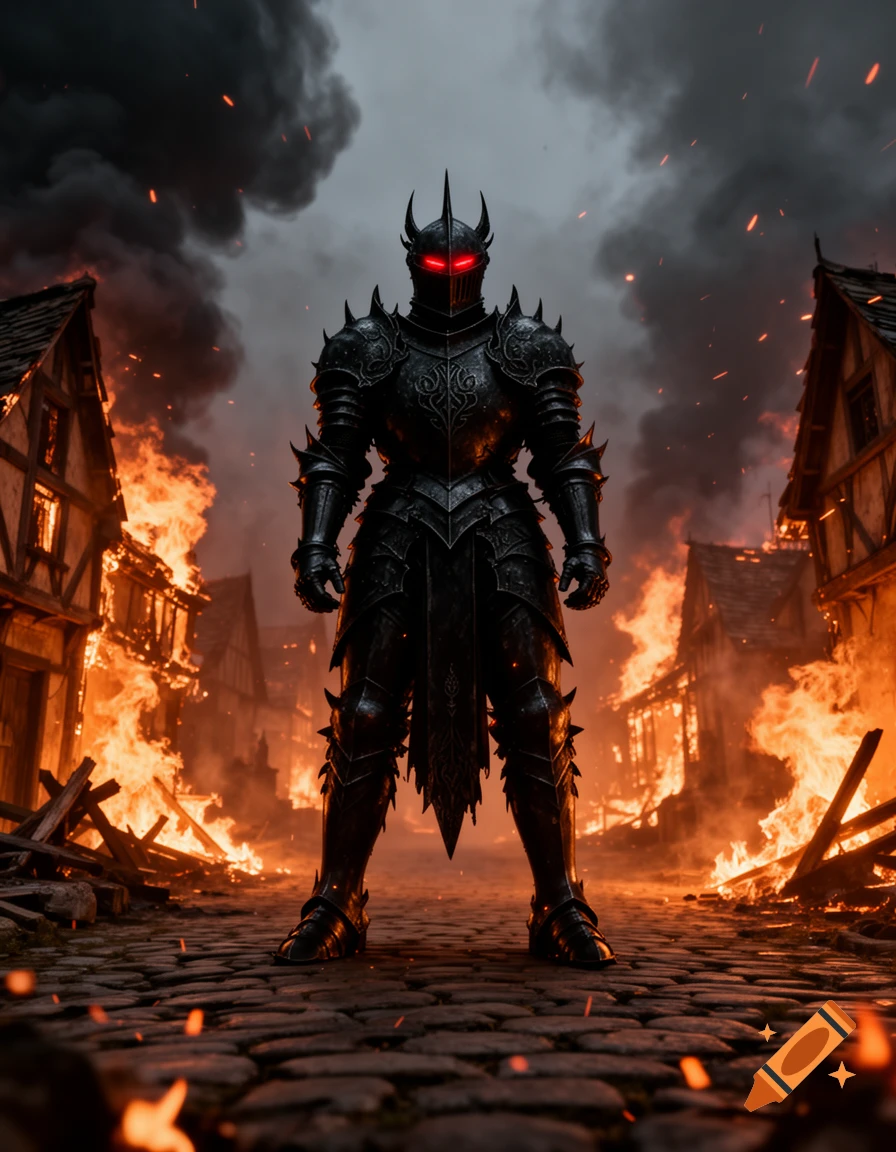 A dark knight in ornate, spiky black armor with glowing red eyes stands amidst a burning village, under a dark, smoky sky.