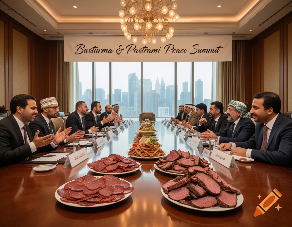 Men in suits and traditional attire at a 'Basturma & Pastrami Peace Summit', with plates of sliced meat on a long conference table overlooking a cityscape.