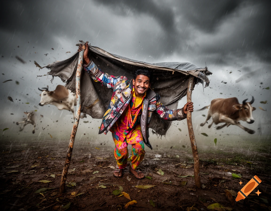 A smiling Indian man in colorful clothes holds a raggedy tarp shelter against a stormy, windy background with cows flying away.