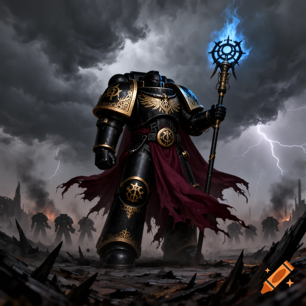 A Warhammer 40k sorcerer in black and gold terminator armor with a red cloak, holding a glowing blue staff, on a stormy battlefield.