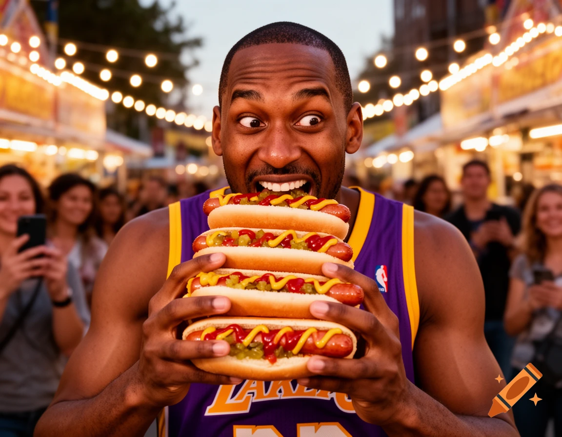 A man in a purple sports jersey enthusiastically eats a stack of hotdogs with relish and mustard at a lively outdoor festival.