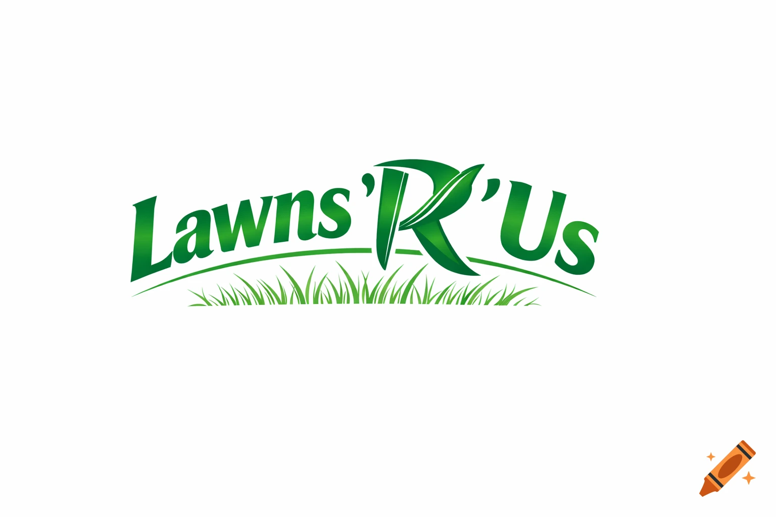 A green logo for 'Lawns 'R' Us' with stylized text and grass blades at the bottom.