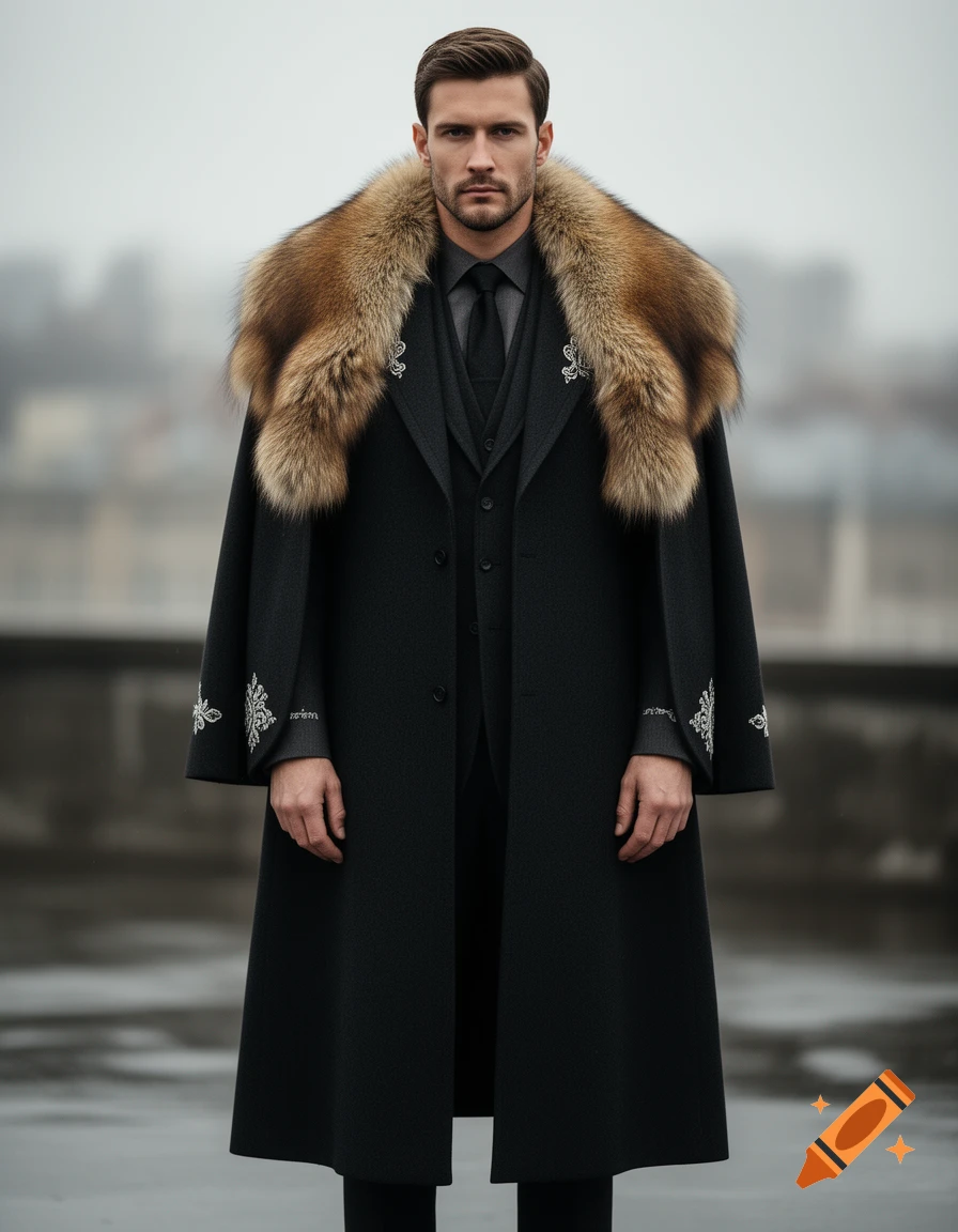 A man in a dark, long coat with a prominent brown fur collar stands against a blurred urban background.