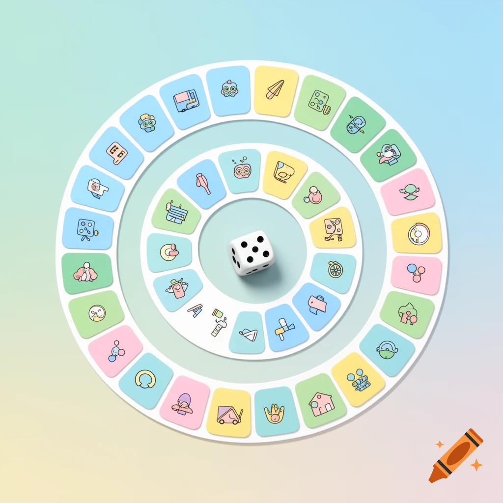 Top-down view of a colorful board game with a spiral path, 35 icon-filled spaces, and a white die showing five in the center.