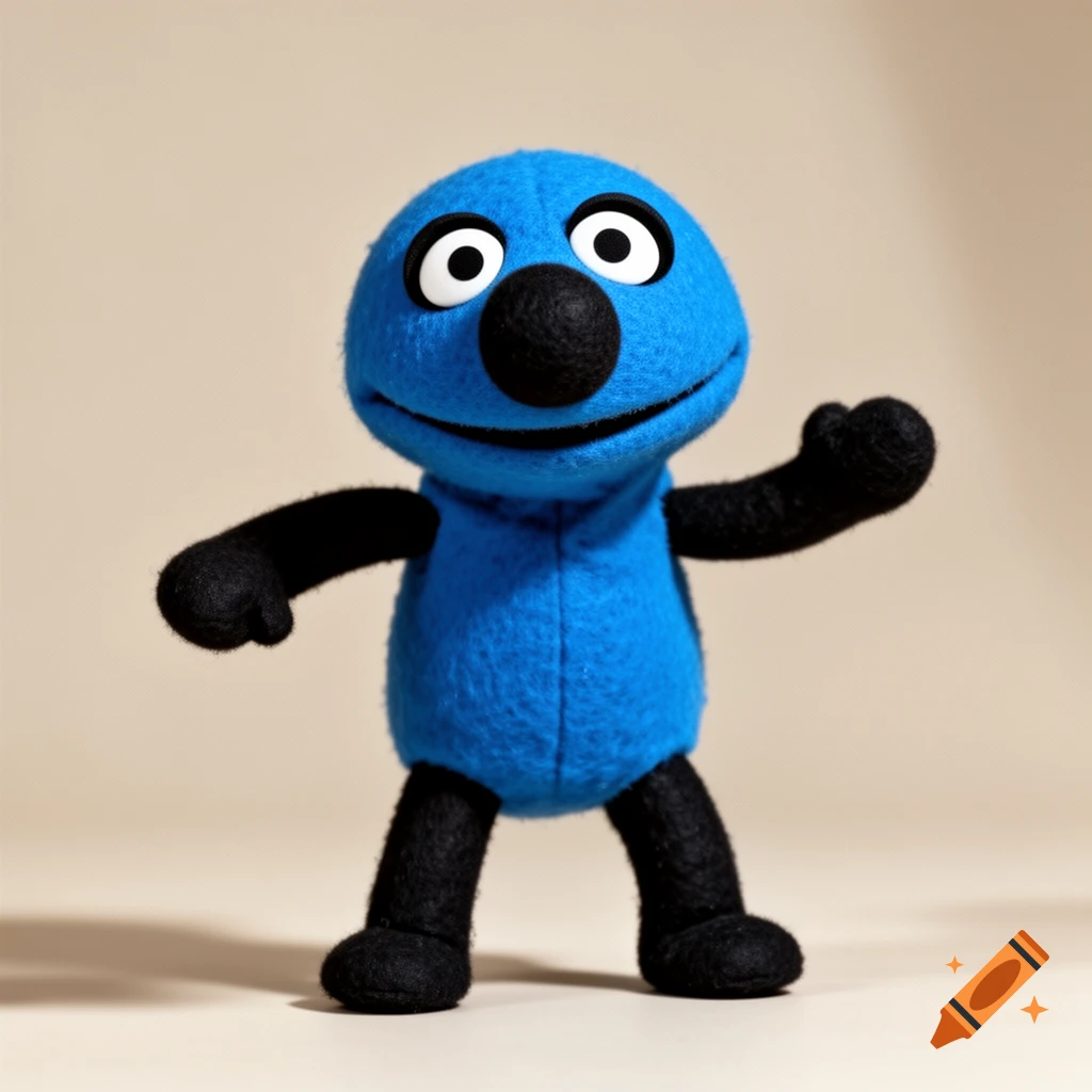 A friendly blue felt puppet with black limbs, a black nose, and wide white eyes stands against a plain light background.