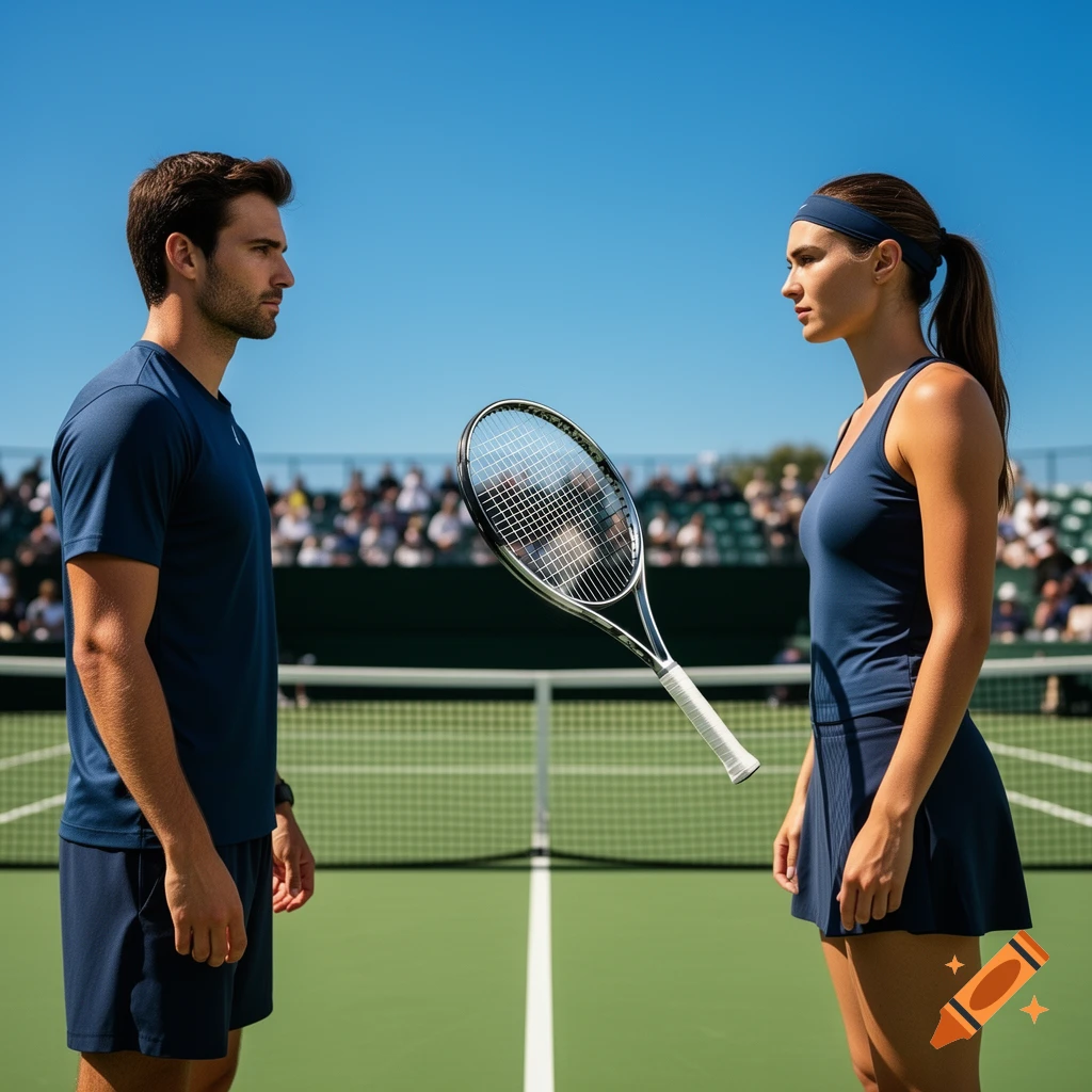 A man and a woman in athletic wear stand on a tennis court, facing each other with a tennis racket suspended upright between them, under a clear blue sky.