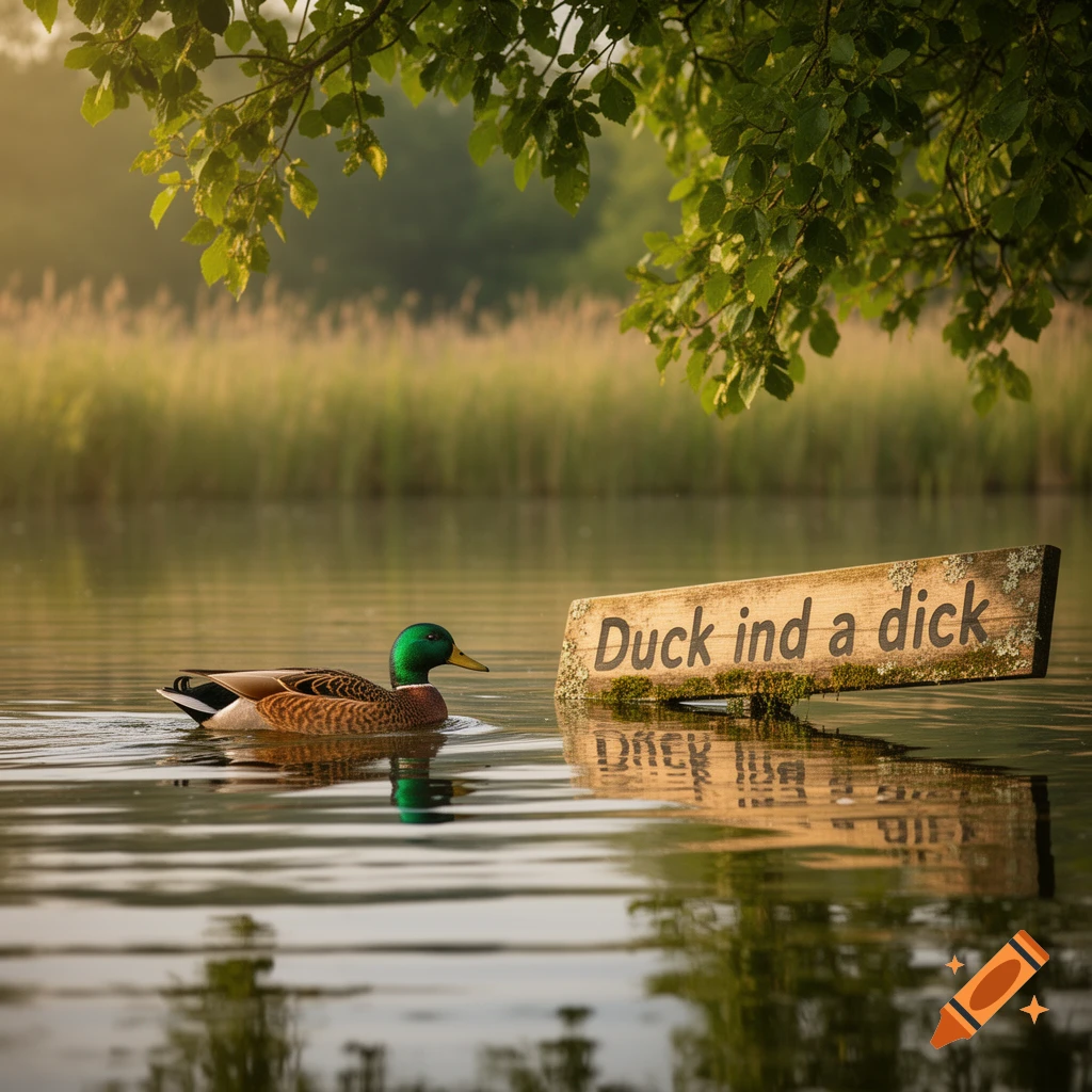 A mallard duck swims past a wooden sign reading "Duck ind a dick" on a calm body of water, with reeds and trees in the background under warm sunlight. Photorealistic style.