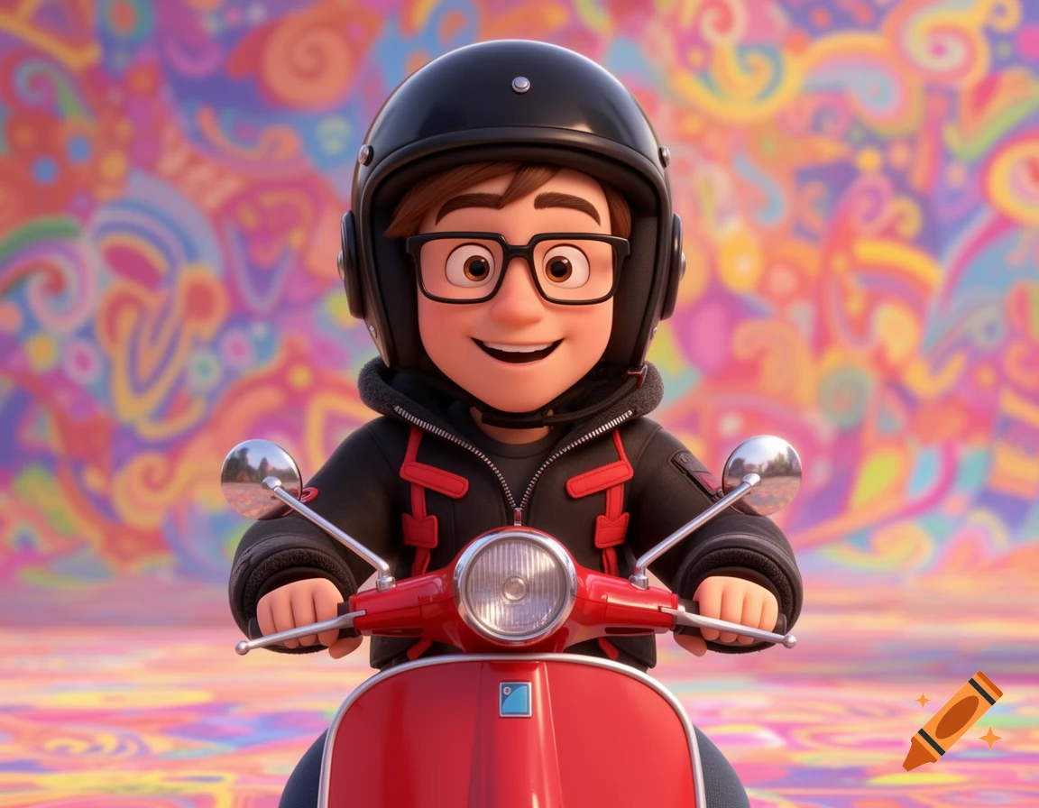 A friendly 3D cartoon character with glasses and a helmet smiles on a red retro scooter with a colorful background.