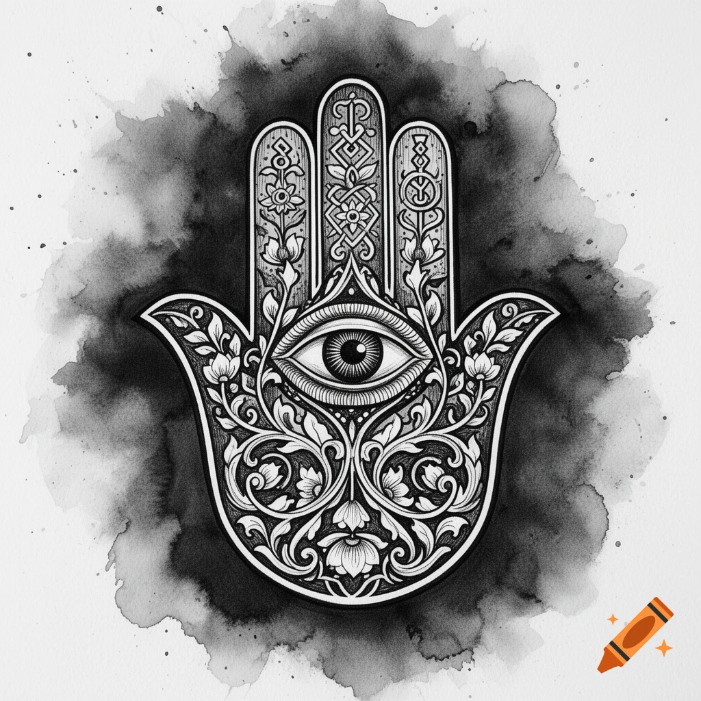 Black and white Hamsa hand illustration with an eye in the palm, intricate floral and geometric patterns, on a dark watercolor background.