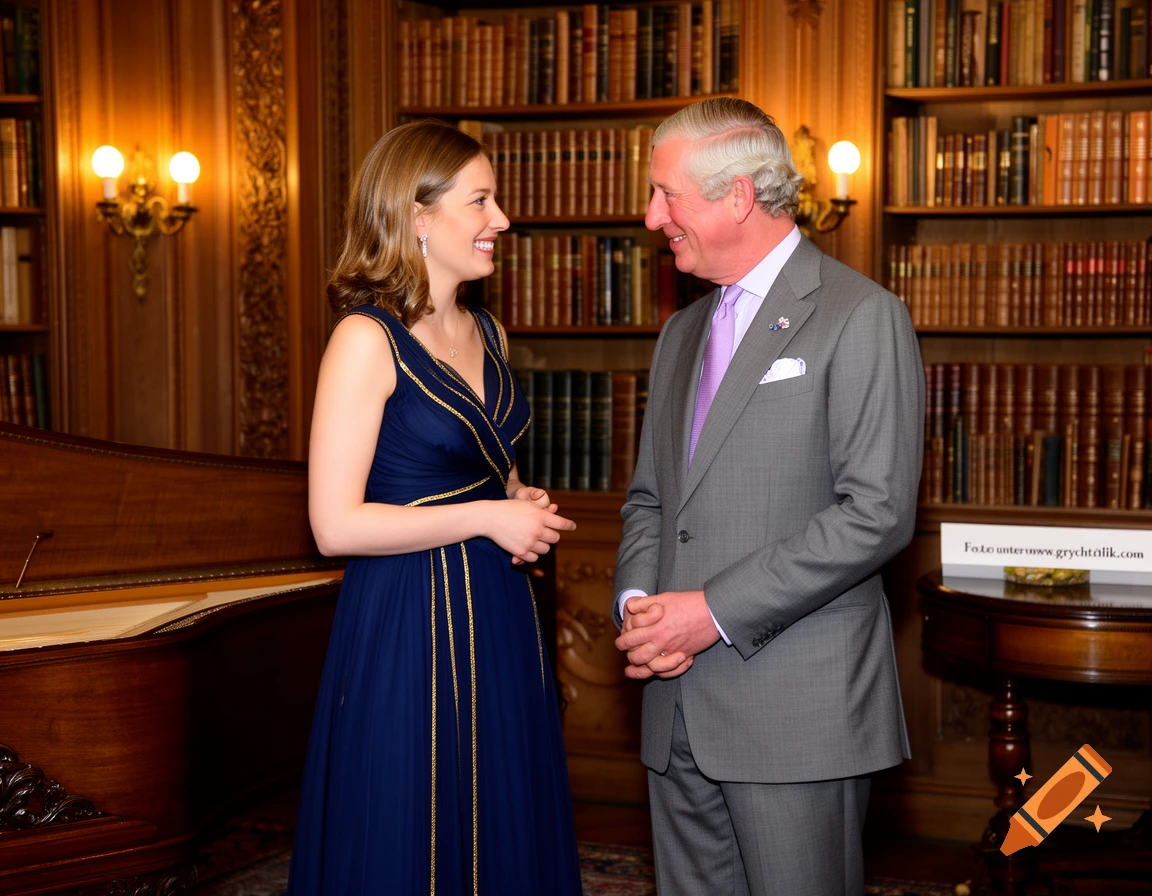 Prince Charles and Aleksandra Grychtolik stand smiling in a well-lit library with extensive bookshelves.