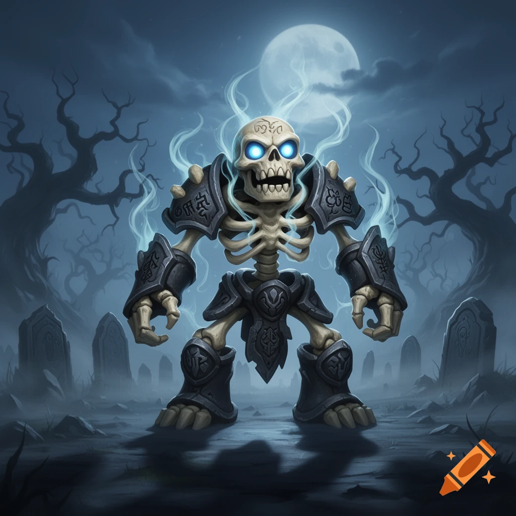 Cartoonish armored skeletal warrior with glowing blue eyes in a foggy graveyard under a full moon.