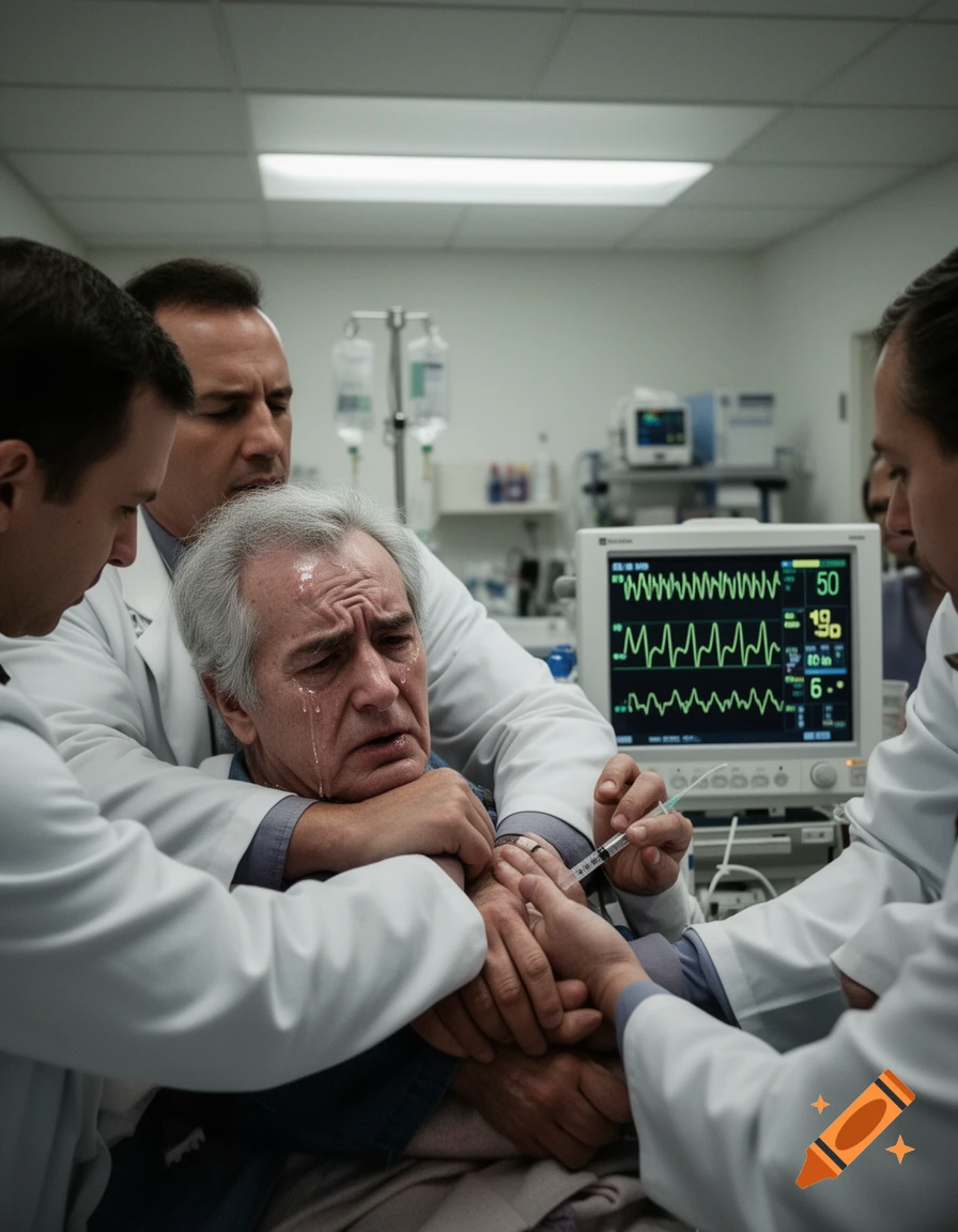Doctors restrain a crying elderly man on a hospital bed while one holds a syringe. A cardiac monitor displays vital signs.