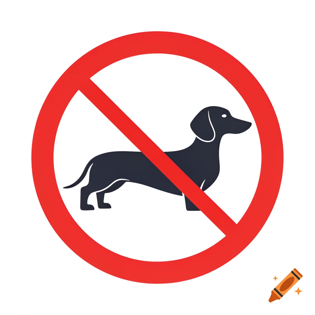 A black dachshund silhouette inside a red circle with a diagonal red line, indicating a 'no dogs' prohibition sign.