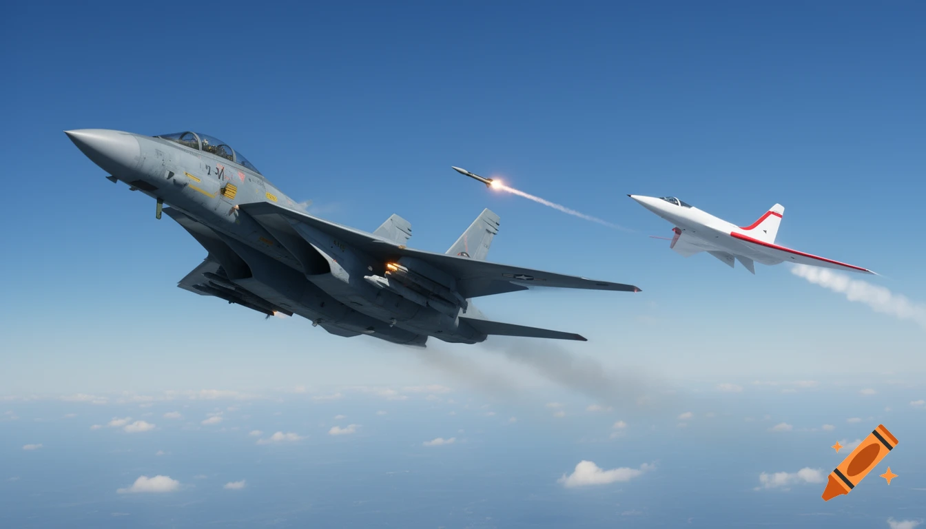 An F-14 fighter jet fires a missile at a white Avro Arrow aircraft in a clear blue sky above scattered clouds.