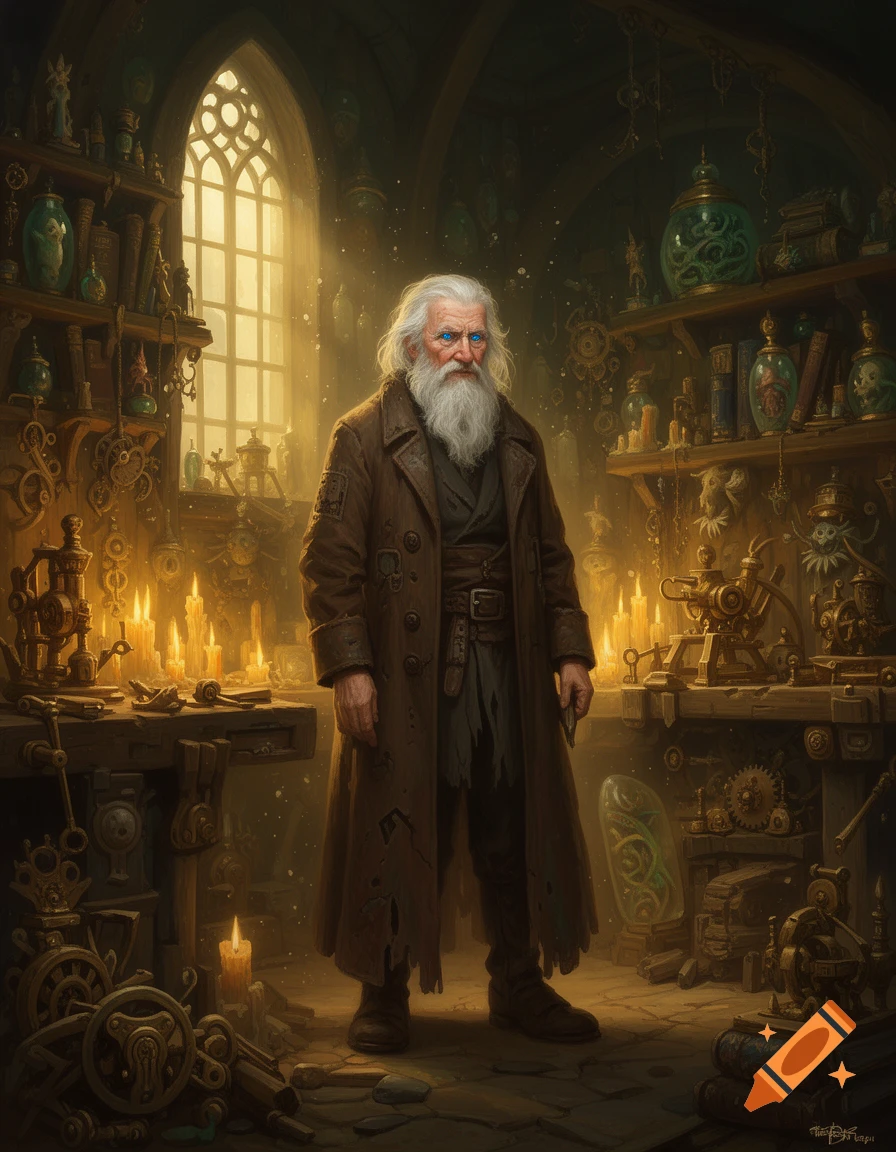 A white-bearded old man with blue eyes in a candlelit fantasy workshop filled with tools and curios.
