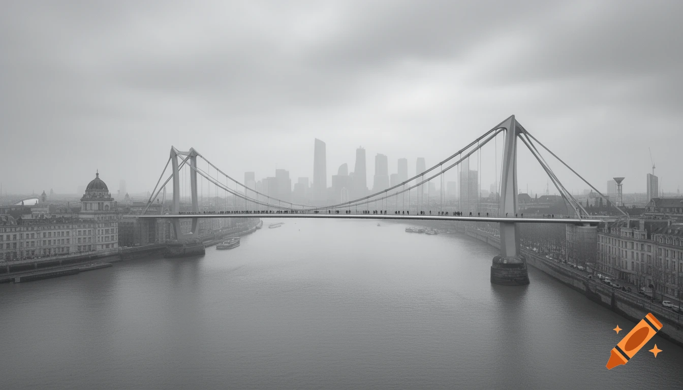 A modern suspension bridge with pedestrians spans a wide river, a hazy city skyline in the background, all in grayscale.