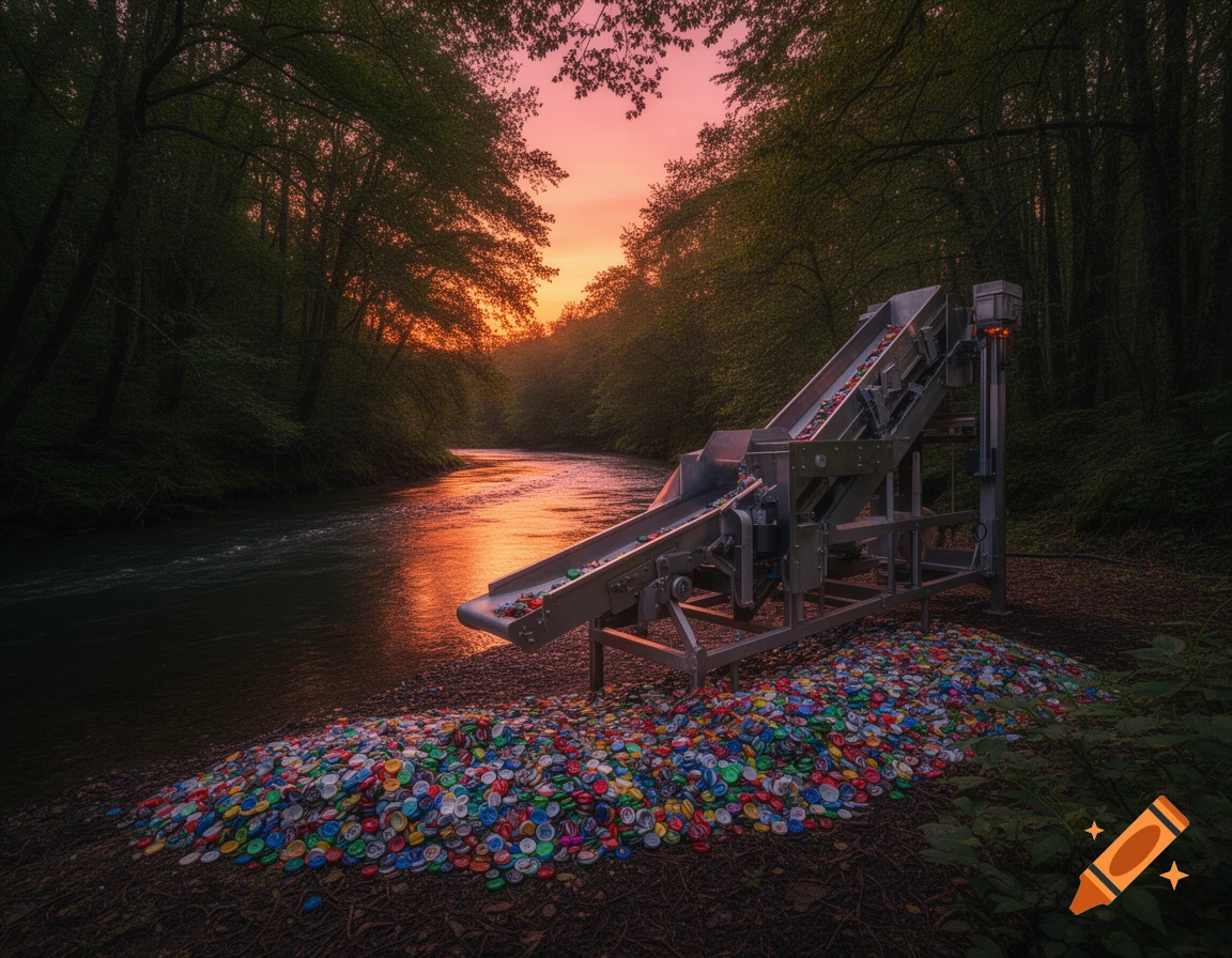 A sorting machine on a riverbank in a forest at sunset, with a large pile of colorful bottle caps.