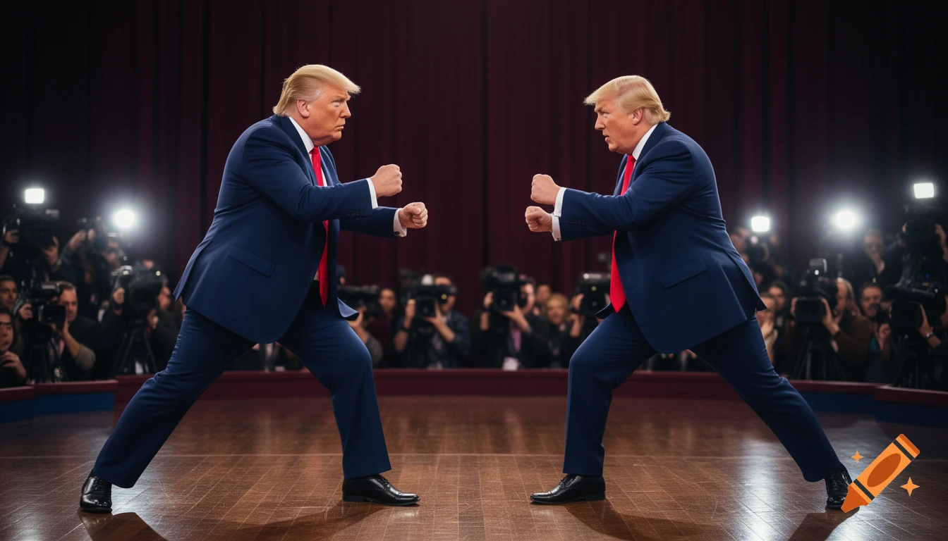 Two photorealistic figures resembling Donald Trump in boxing stances on a stage, with a crowd of photographers behind them.