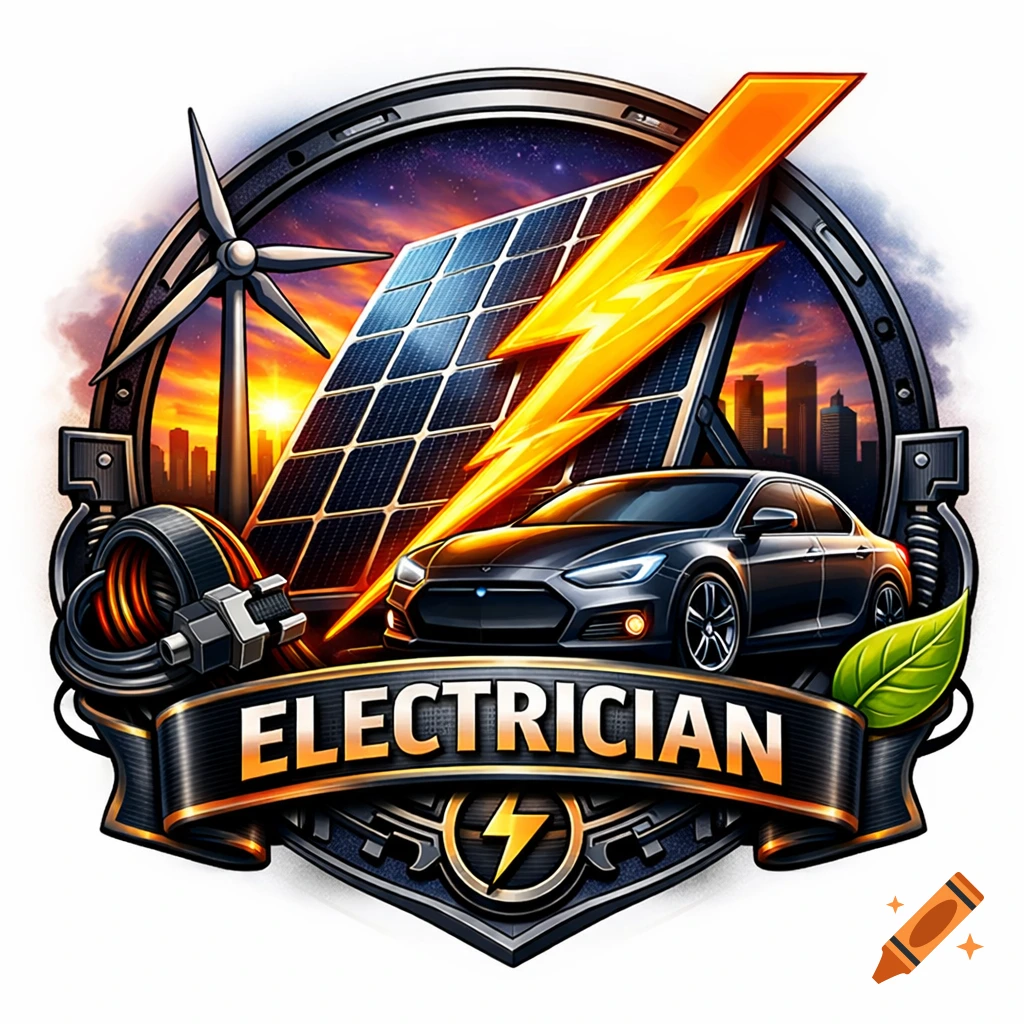 A stylized emblem featuring a wind turbine, solar panel, electric car, and lightning bolt, with the word "ELECTRICIAN" on a banner.