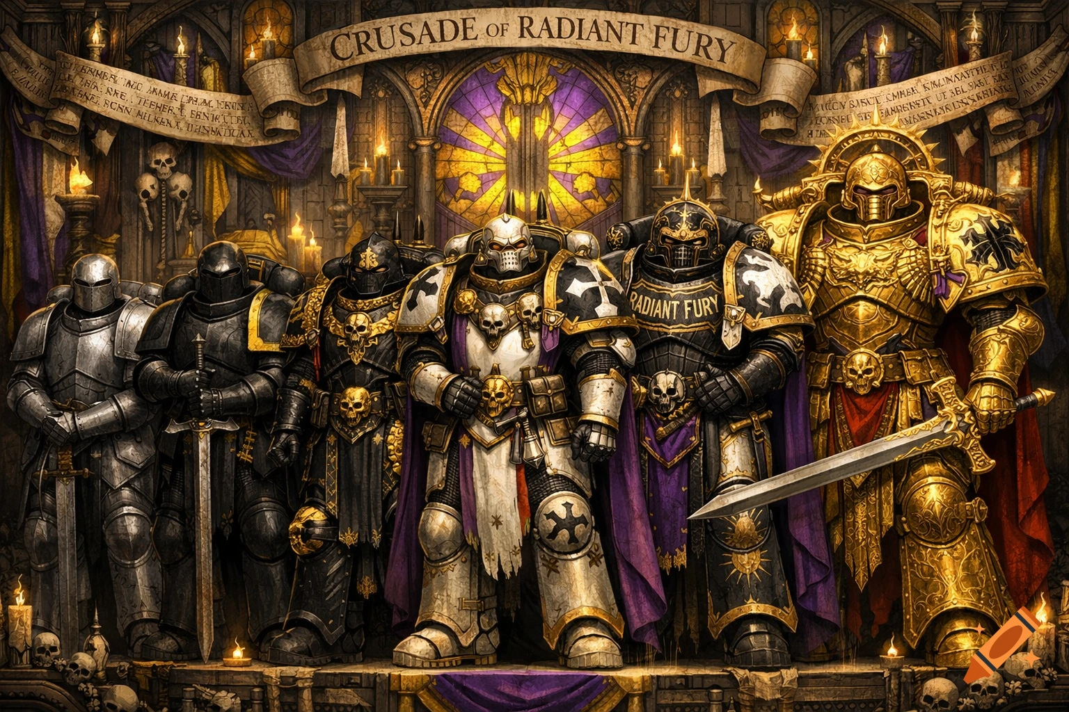 Five heavily armored space marine-like warriors in black, white, gold, and purple armor stand in a gothic cathedral setting under a banner reading "CRUSADE OF RADIANT FURY".
