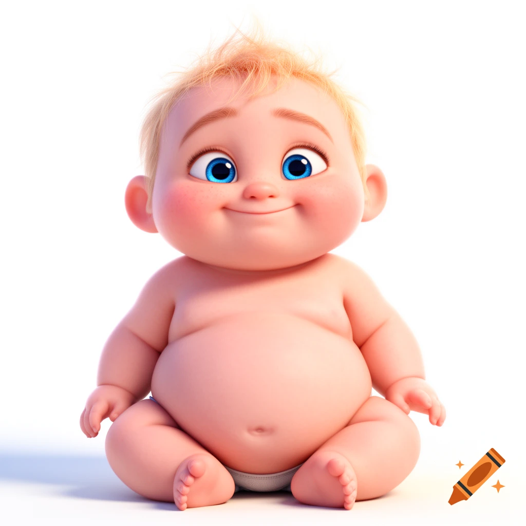 A chubby Pixar-style 3D rendered baby with blonde hair and blue eyes, smiling on a white background.